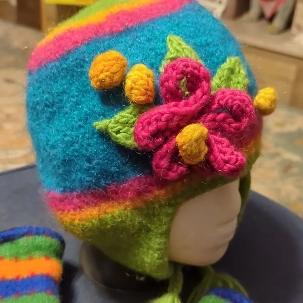 PERUVIAN CHULLO Winter Knit COLORS STRIPED HAT W/EAR FLAPS/hand warmersFOR Child
